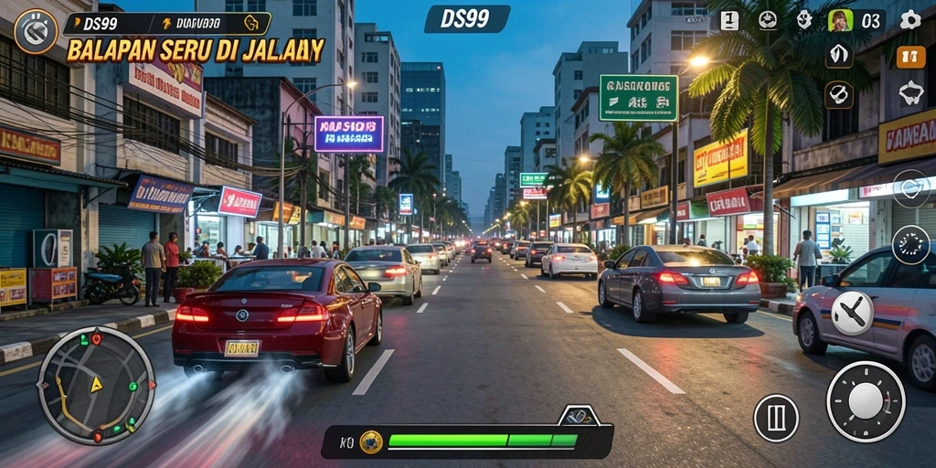 Tampilan gameplay seru dari DS99 dengan mobil melaju cepat di lintasan.