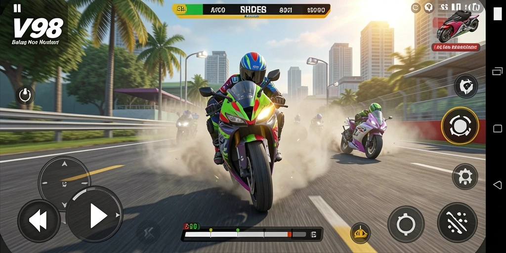 Screenshot V98 menampilkan aksi balapan motor yang mendebarkan dan menarik.